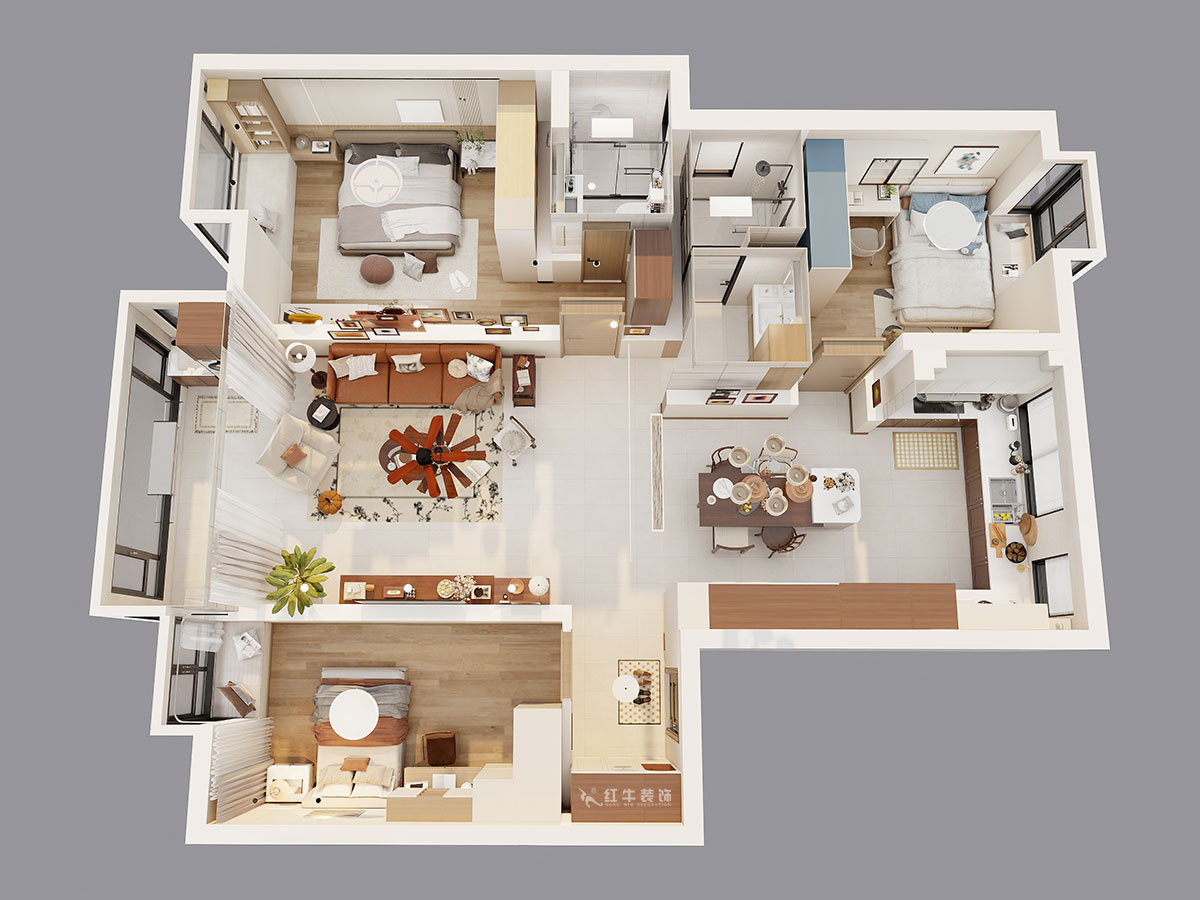 顾娟｜紫金明珠4幢202室-120㎡-现代简约风格｜3室2厅2卫｜旧房装修｜定制家｜全包17万｜00_05鸟瞰图